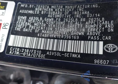 2014 Toyota Camry Le z USA, uszkodzony, nr VIN 4T4BF1FK1ER396169